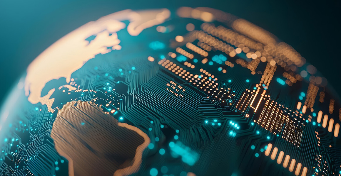 Close-up of a stylised globe with illuminated circuit-board lines and data points, representing global digital connectivity and technological dependencies.