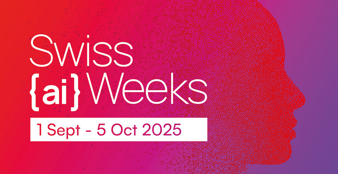 Graphic for Swiss {ai} Weeks: silhouette of a human head made of red dots on a pink-violet gradient background, with the text ‘Swiss {ai} Weeks’ on the left and a white box below showing the date ‘1 Sept – 5 Oct 2025’.