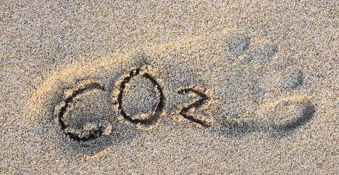 Footprint in sand with written CO2