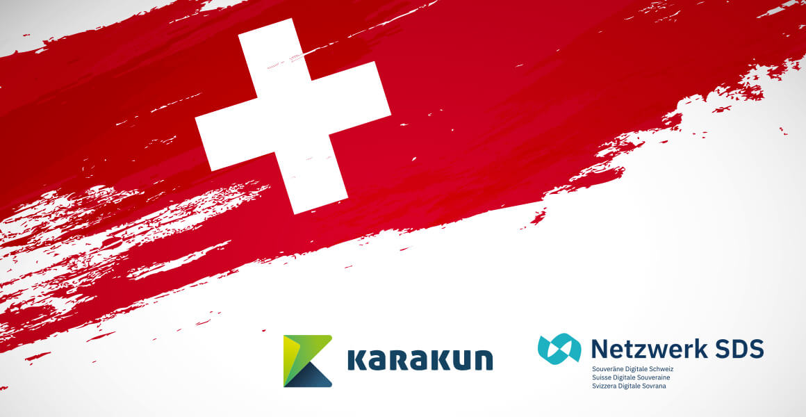 Karakun joins the SDS network – Swiss flag with logos of Karakun and Souveräne Digitale Schweiz symbolizing Switzerland’s digital sovereignty